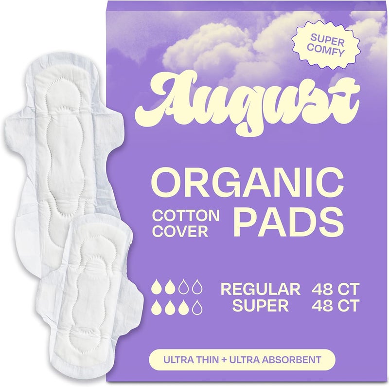August Menstrual Day & Night Organic Cover Pads, 48-Pack Regular, 48-Pack Super Pads, Compostable Wrappers, Hypoallergenic Organic Cover Sanitary Napkins for Anyone Who Menstruates (6 Boxes of 16) - Image 1